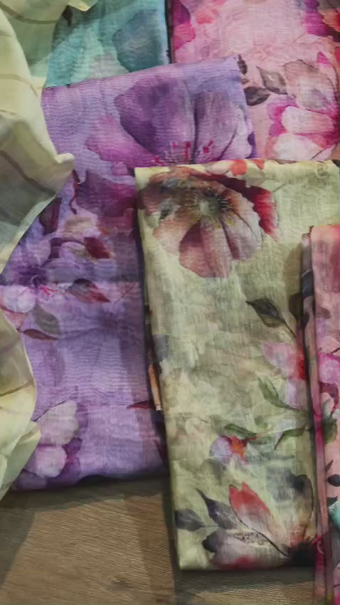 Pure Linen Silk Digital Printed Unstitched Suit  with Mulmul Silk Rupa Sona Striped Dupatta