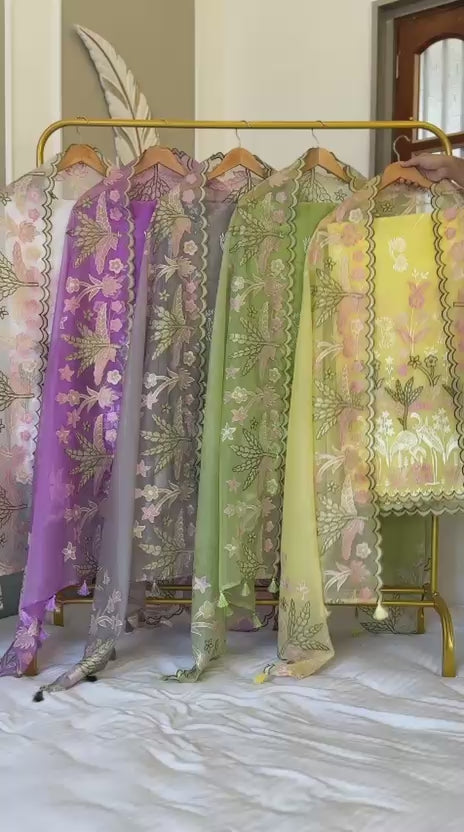 Pure Organza Tissue Applique Embroidery Work Unstitched Suit.