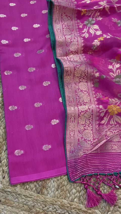 Pure Banarasi Chanderi Silk Buti Work Unstitched Suit With Banarasi Georgette Mina Work Dupatta.