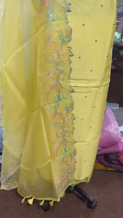 Pure Banarasi Chanderi Silk Mirror Work Unstitched Suit With Organza Silk Dupatta.