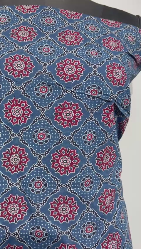 Pure Cotton Azrakh Print Unstitched suit With katha work Dupatta