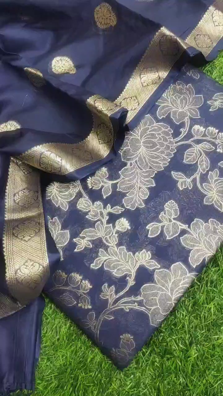 Pure Banarsi Silk Chanderi Light Zari Weaved Unstitched Suit With Banarsi Silk Buti Weaved Dupatta.