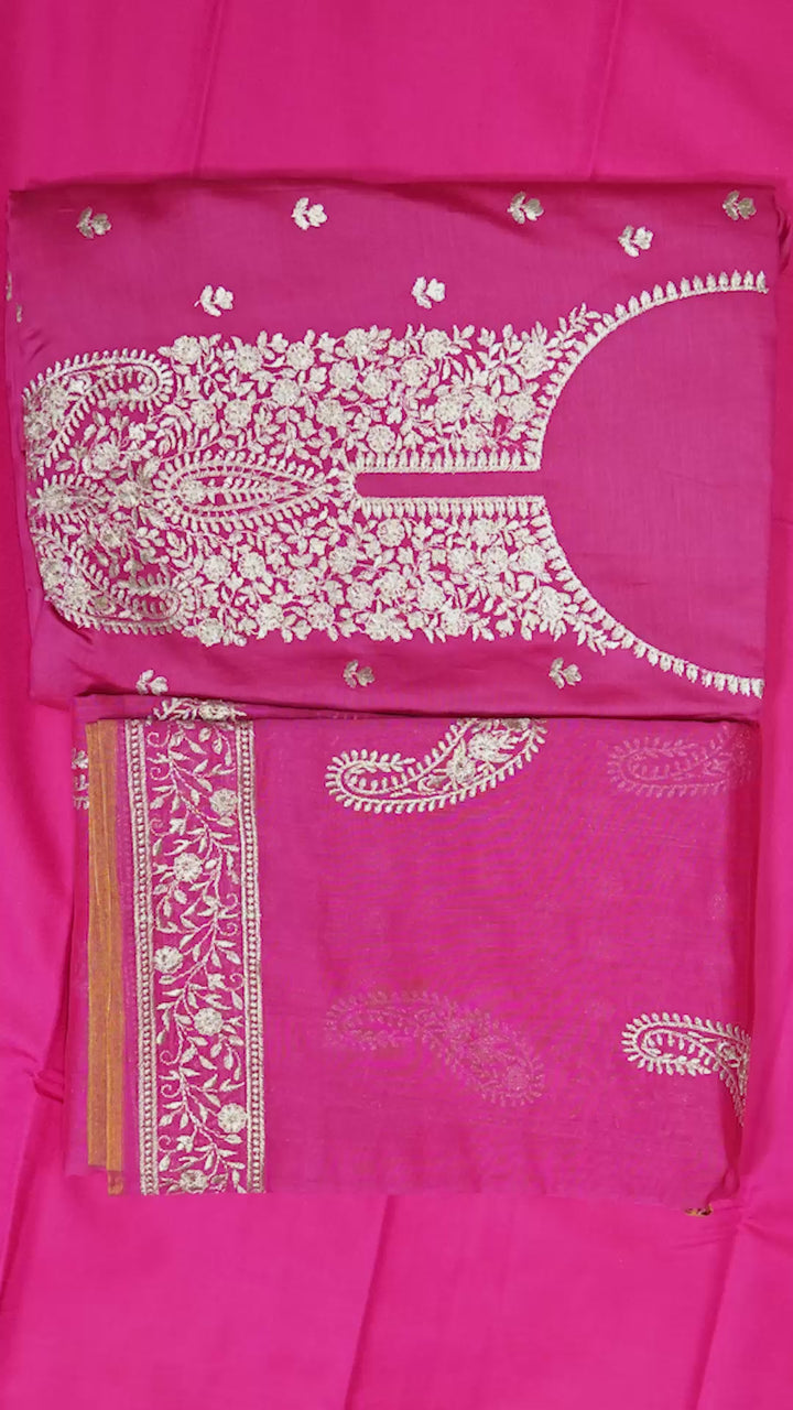 Pure Banarasi Resham Mal Chanderi Silk Zari  Unstitched Suit with Beautiful Neck Embroidery.