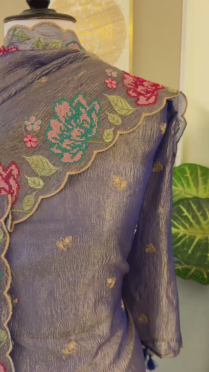 Exclusive Banarasi Tissue Crush Multi Thread Embroidery Suit Set With Dupatta