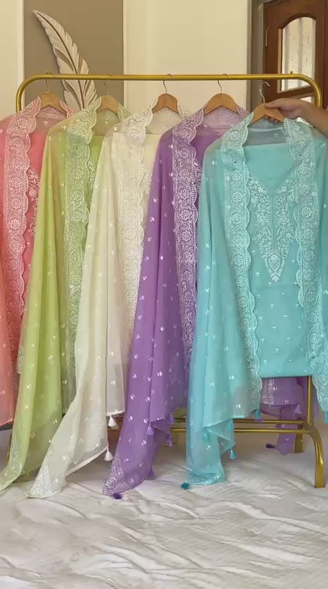 Pure Banarasi Mul Chanderi Silk Unstitched Suit With Embroidery Work
