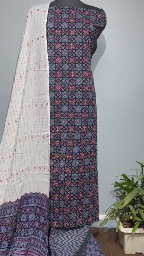 Pure Cotton Azrakh Print Unstitched suit With Dupatta