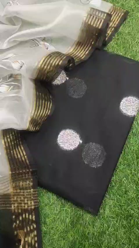 Pure Banarasi Resham Chanderi Silk Alfi Weaved Suit with Organza Zari Border handbrush print dupatta
