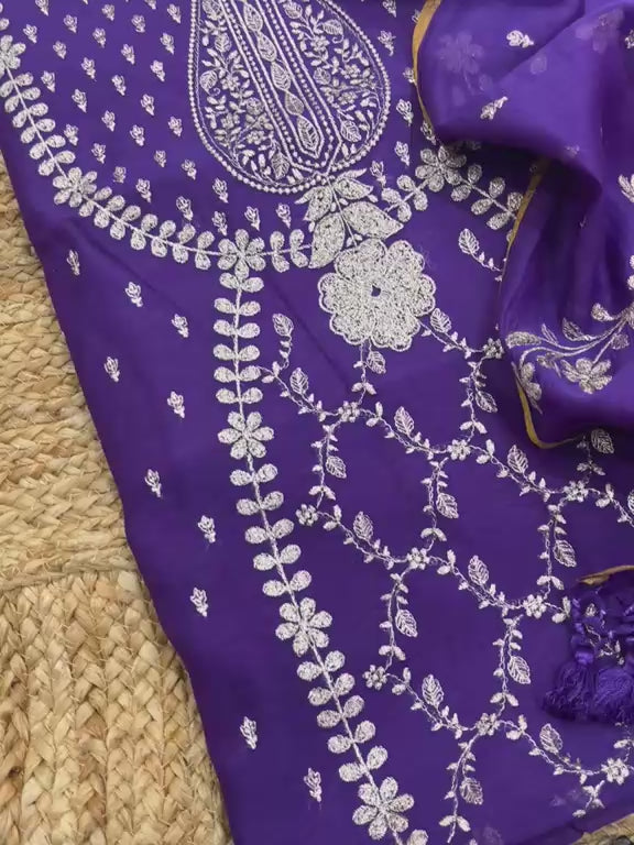 Pure Banarasi Resham Mul Chanderi Silk Unstitched Suit .