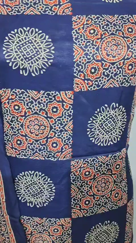 Pure Modal Silk Ajrakh Hend Block Zari Pallu Weaved 3pc Unstitched Suit