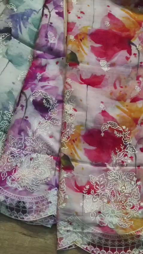 Pure Mulmul Silk Embroidery Print Unstitched Suit  with Mulmul Silk Dupatta