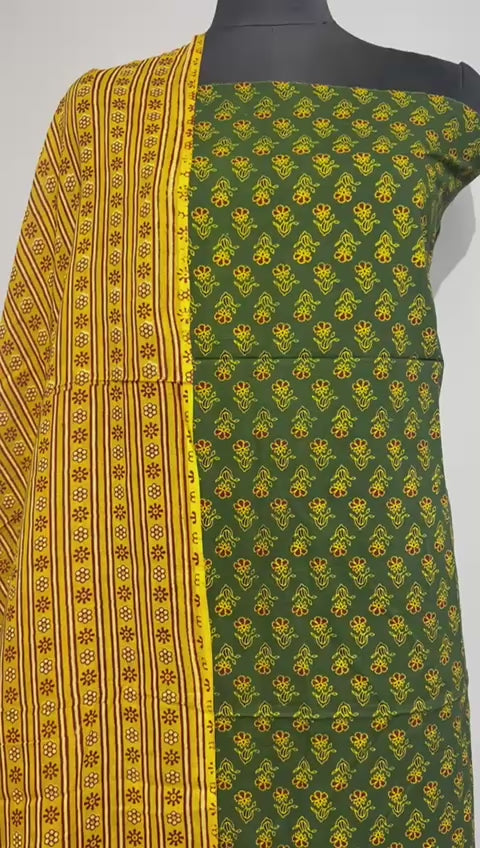 Pure Cotton Azrakh Print Unstitched suit With katha work Dupatta