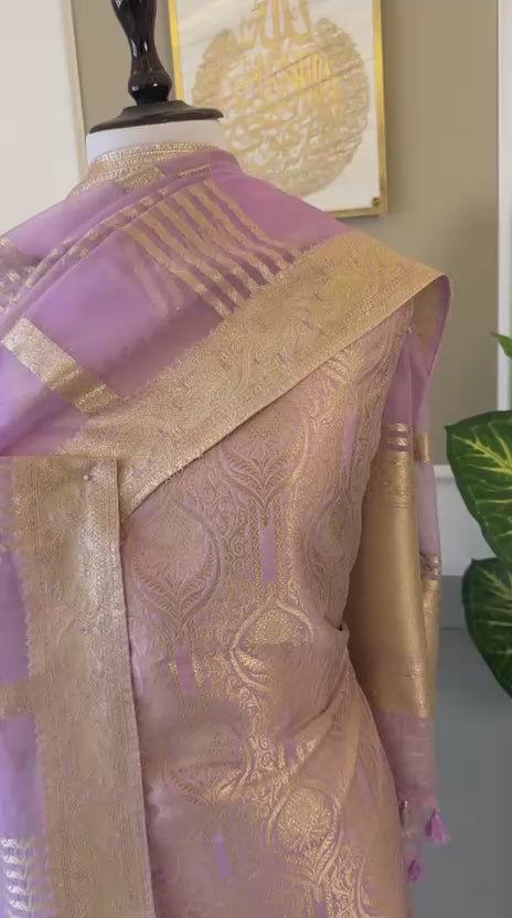 Banarasi Brocade Unstitched Suit With Organza Zari Weaved Dupatta.