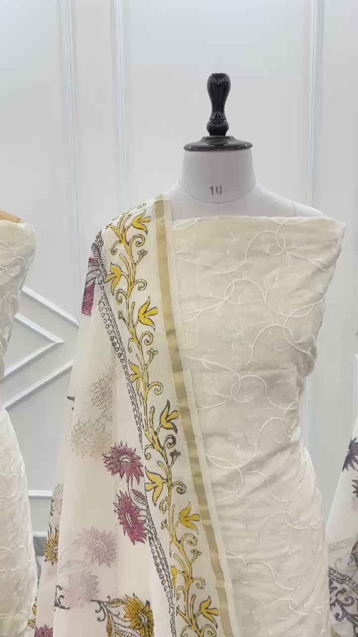 Banarasi Kota Embroidery Unstitched Suit With Kota Hand Block Print Dupatta.