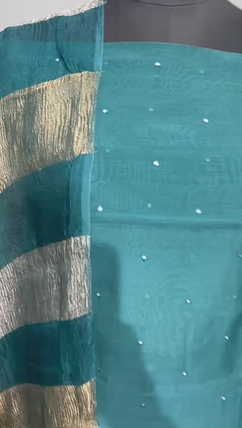 Exclusive Pure Banarasi Chanderi Silk Unstitched Suit with Organza Crushed Tissue Stripe Dupatta