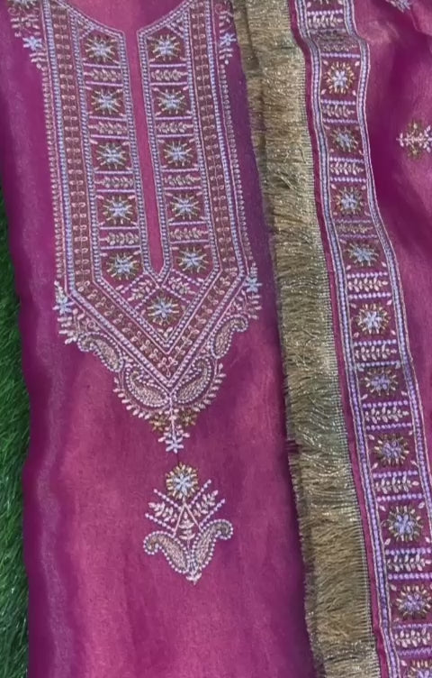 Pure Banarasi Kora Tissue Silk Unstitched Suit with beautiful Neck embeoidery | LIMITED EDITION |
