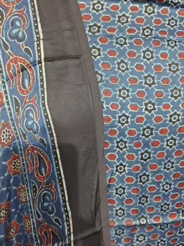 Pure Modal Silk Ajrakh Hend Block Zari Pallu Weaved 2pc Unstitched Suit