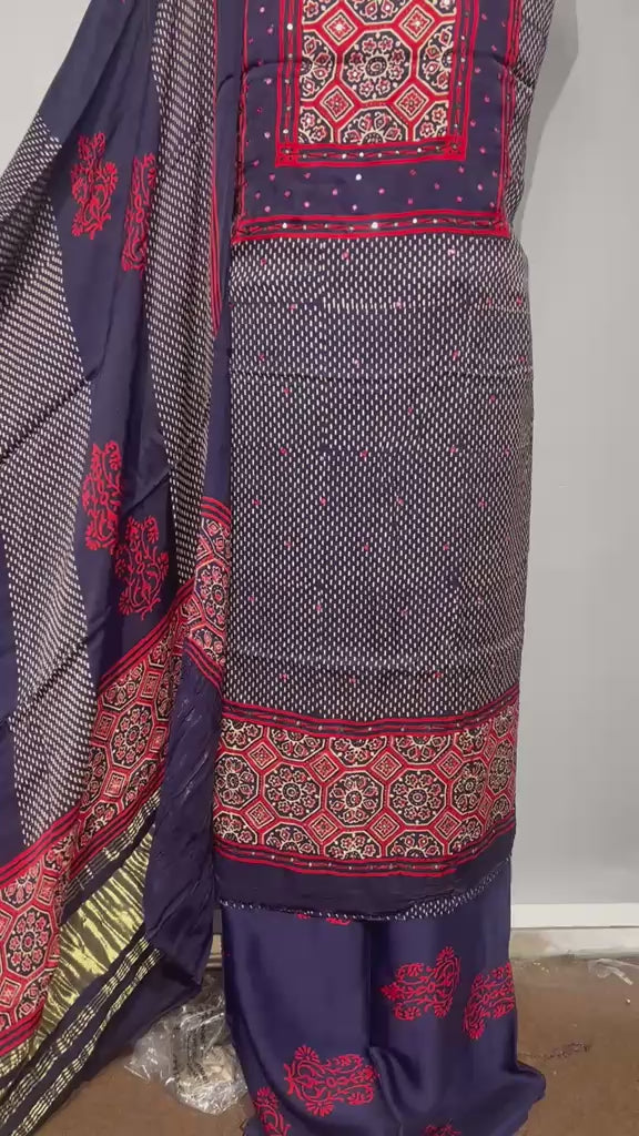Pure Modal Silk Ajrakh Hand Block & Mirror Work Unstitched Suit .