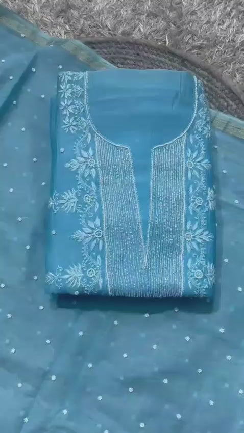 Pure Mul- Mul Chakiankari Work Unstitched Suit with Pearl and Cutdana work