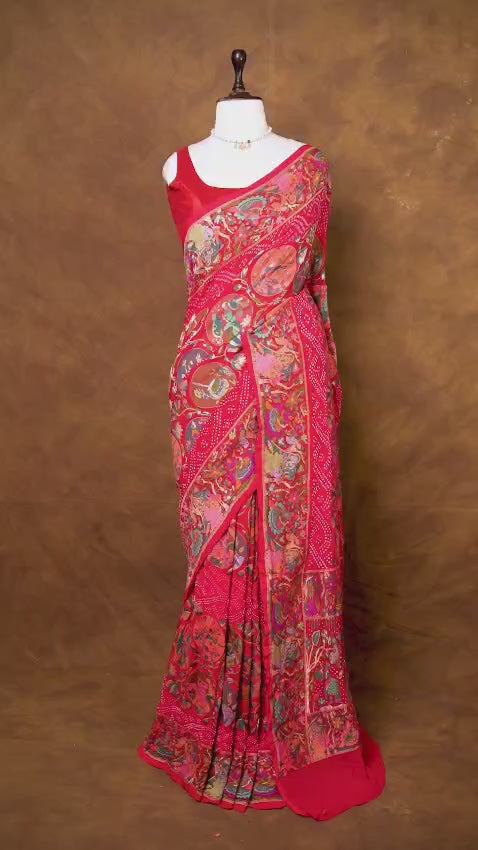 Pure Khaddi georgette Bandhani Work Saree With Shikaragarh Pattern