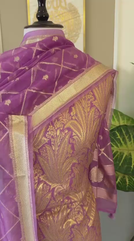 Banarasi Brocade Unstitched Suit With Organza Lorex Zari Weaved Dupatta.