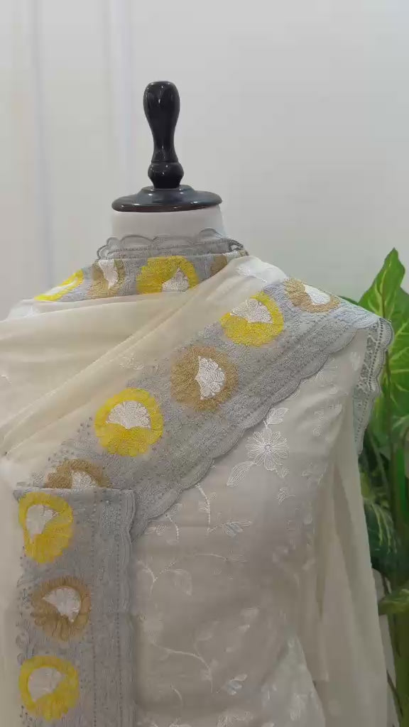 Pure Banarasi Chanderi Silk Embroidery Unstitched Suit With Chanderi Embroidery Dupatta.