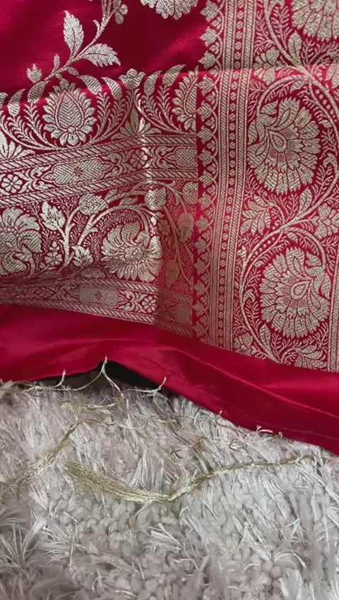 Pure Banarasi Satin Silk Zari Work Unstitched Suit With Jaal Work Dupatta.