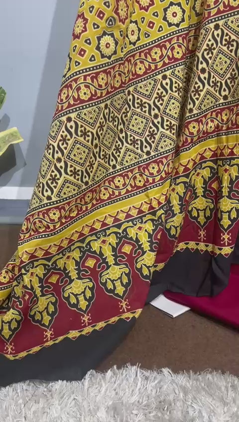 Pure Cotton Azrakh Print Unstitched suit With katha work Dupatta