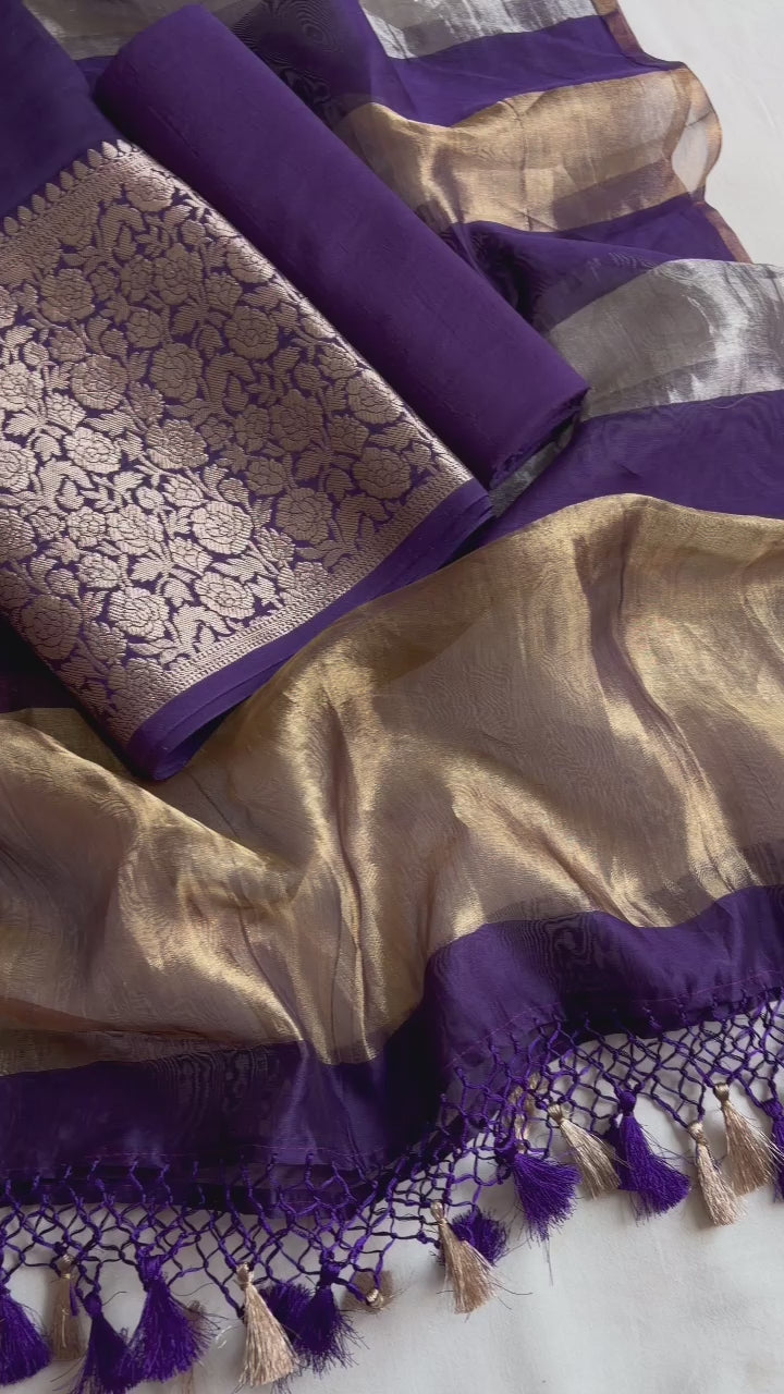 Pure Banarasi Chanderi Zari Work Unstitched Suit With Chanderi Silk Tissue Stripe Dupatta.