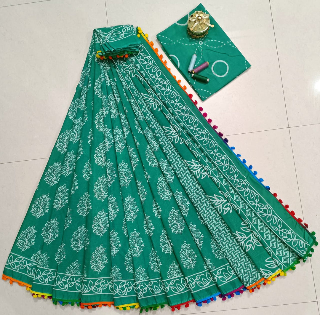 Pure Hand Block Cotton Sarees With Blouse