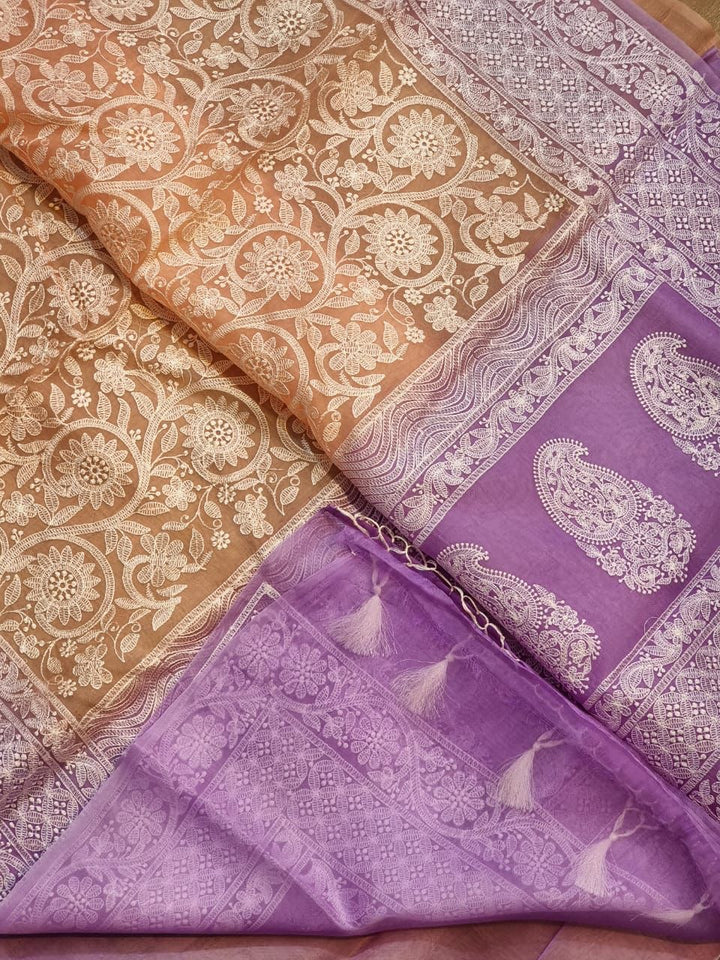 Pure Organza Chikankari Handwork Saree With Plain Blouse.