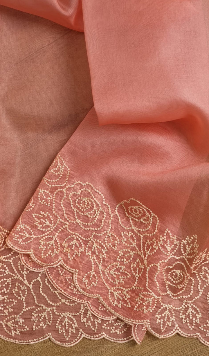 Pure Organza Silk Pearl Embroidery Cutwork Border Saree .