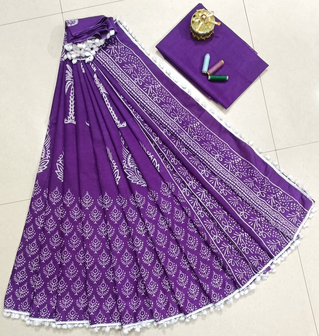 Pure Hand Block Cotton Sarees With Blouse