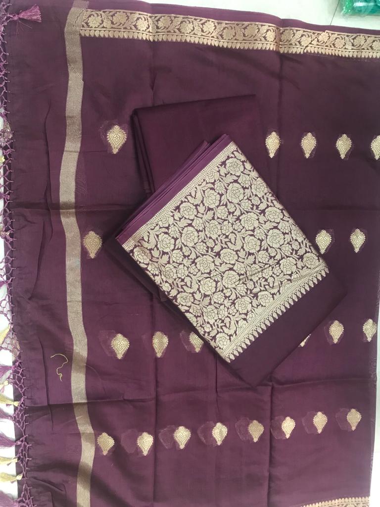 Wine Color Pure Resham Chanderi  Banarasi  Silk Unstitched Suit With Dupatta