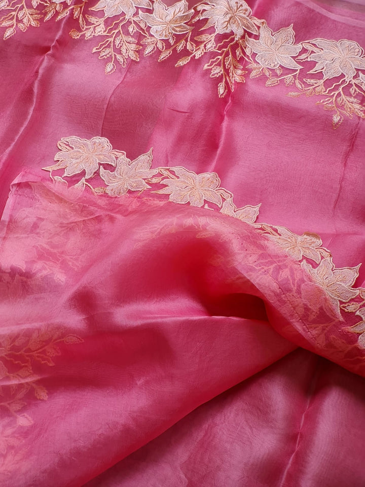 Pure Organza Silk Embroidery Alfi Cutwork Border Saree .