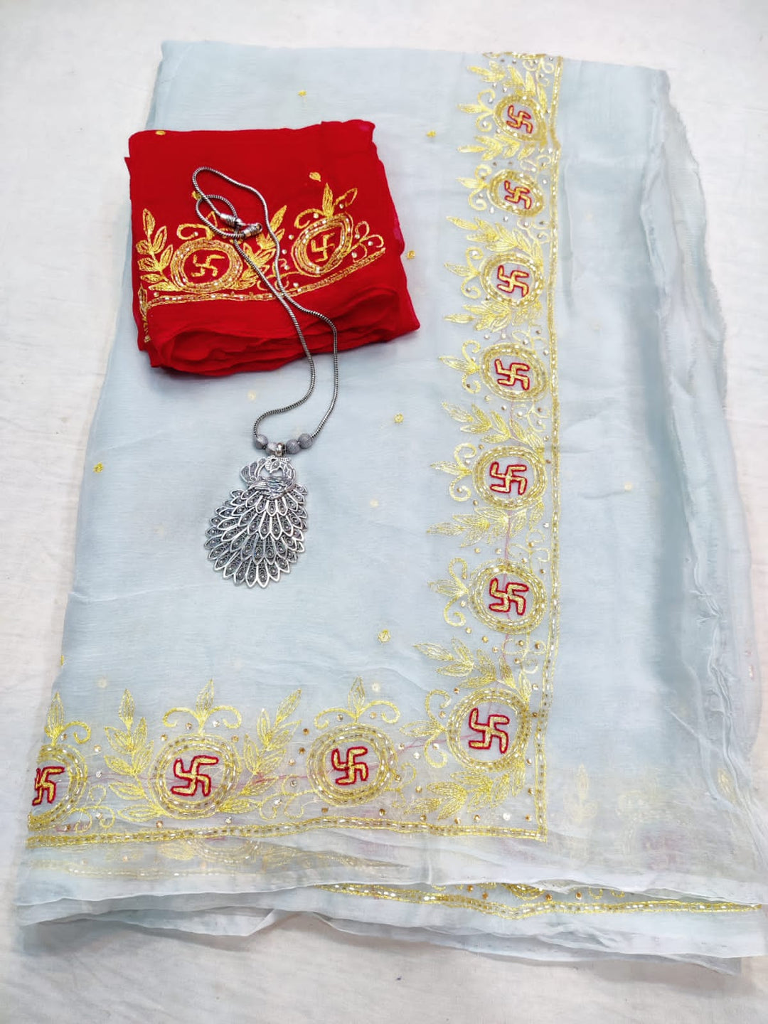 Pure Diamond Chiffon Rajputana Work Saree With Contrast Blouse (6.3metr).