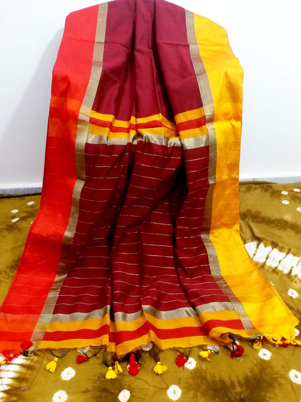 Silk Cotton Handloom Silver Maheswari Design Saree With Jacquard Border  ( length- 6.3 meter )