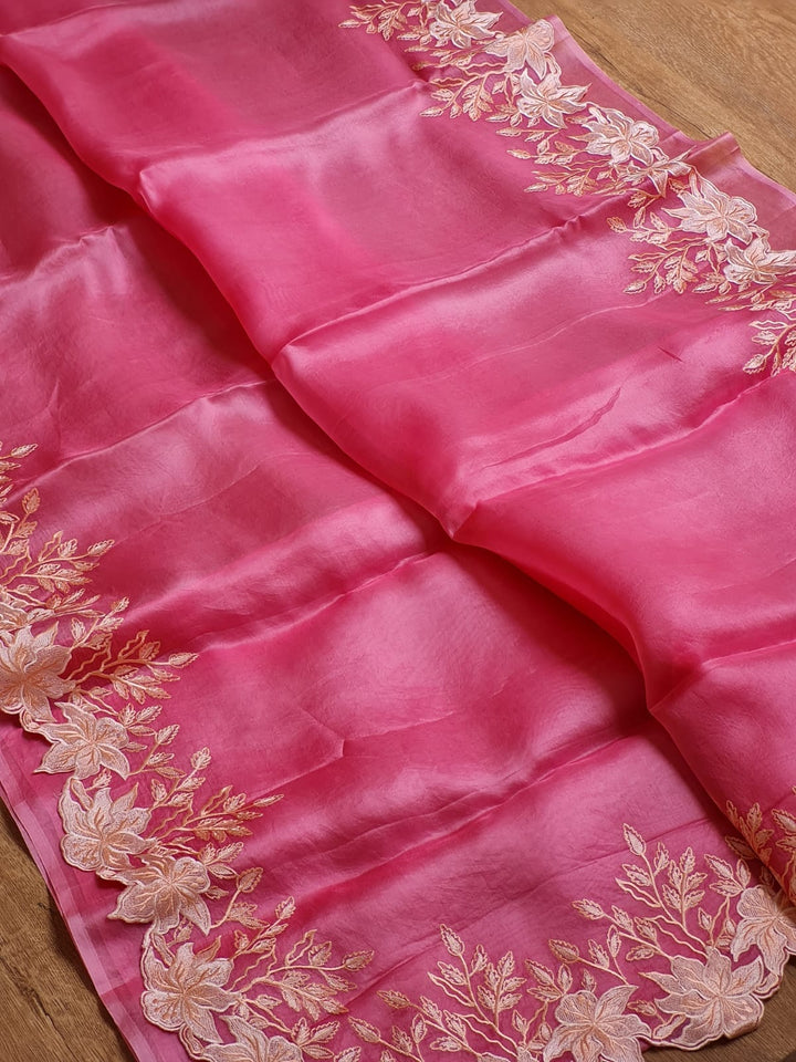 Pure Organza Silk Embroidery Alfi Cutwork Border Saree .