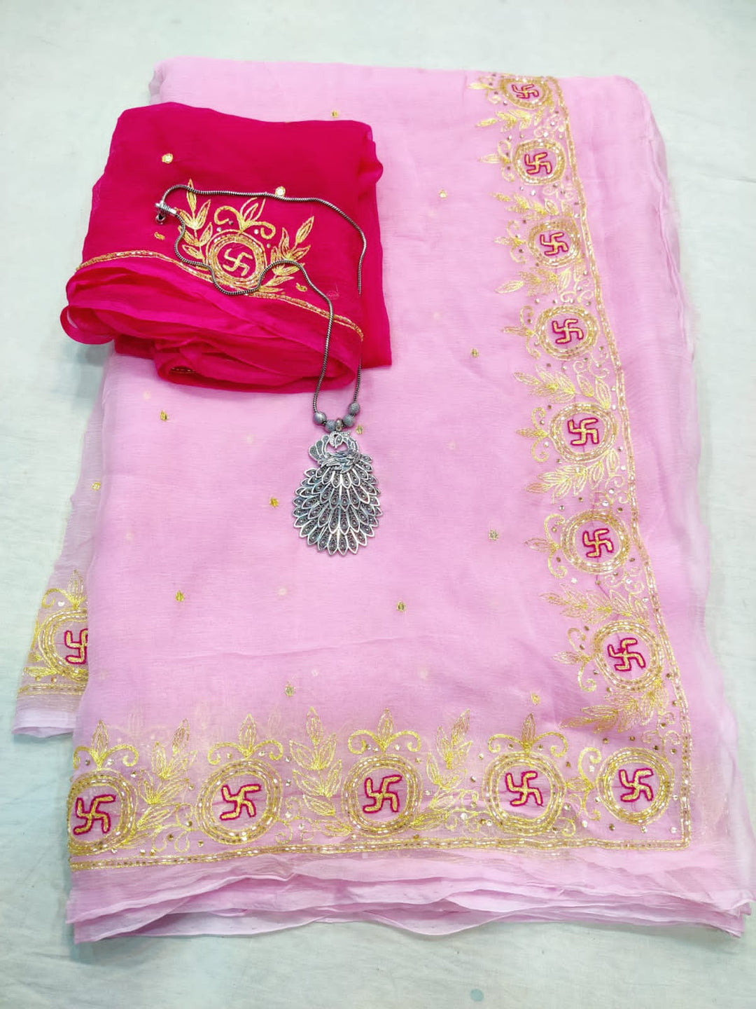 Pure Diamond Chiffon Rajputana Work Saree With Contrast Blouse (6.3metr).
