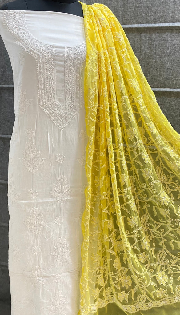 Cream Colored Cotton Schiffle Chikankari Suit Set Wth Digital Printed Mulmul  Duppata