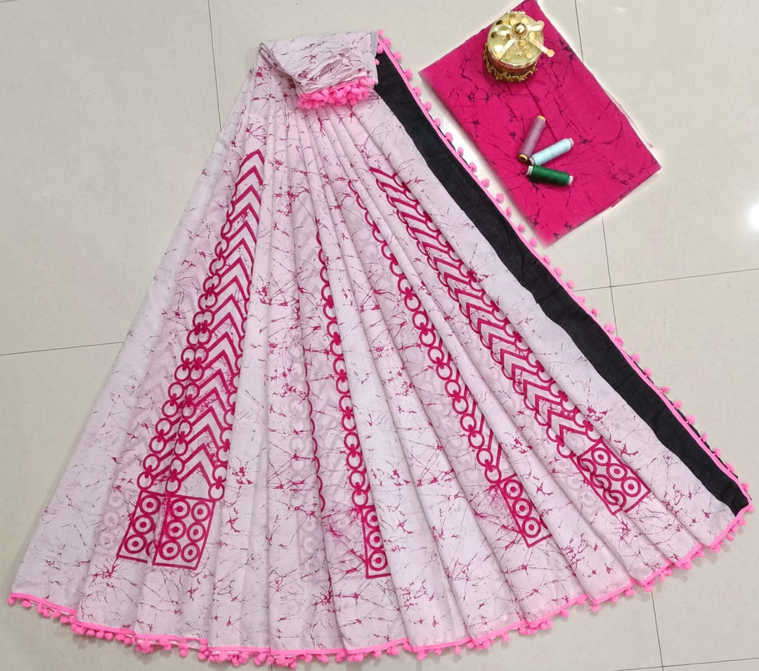 Pure Hand Block Cotton Sarees With Blouse