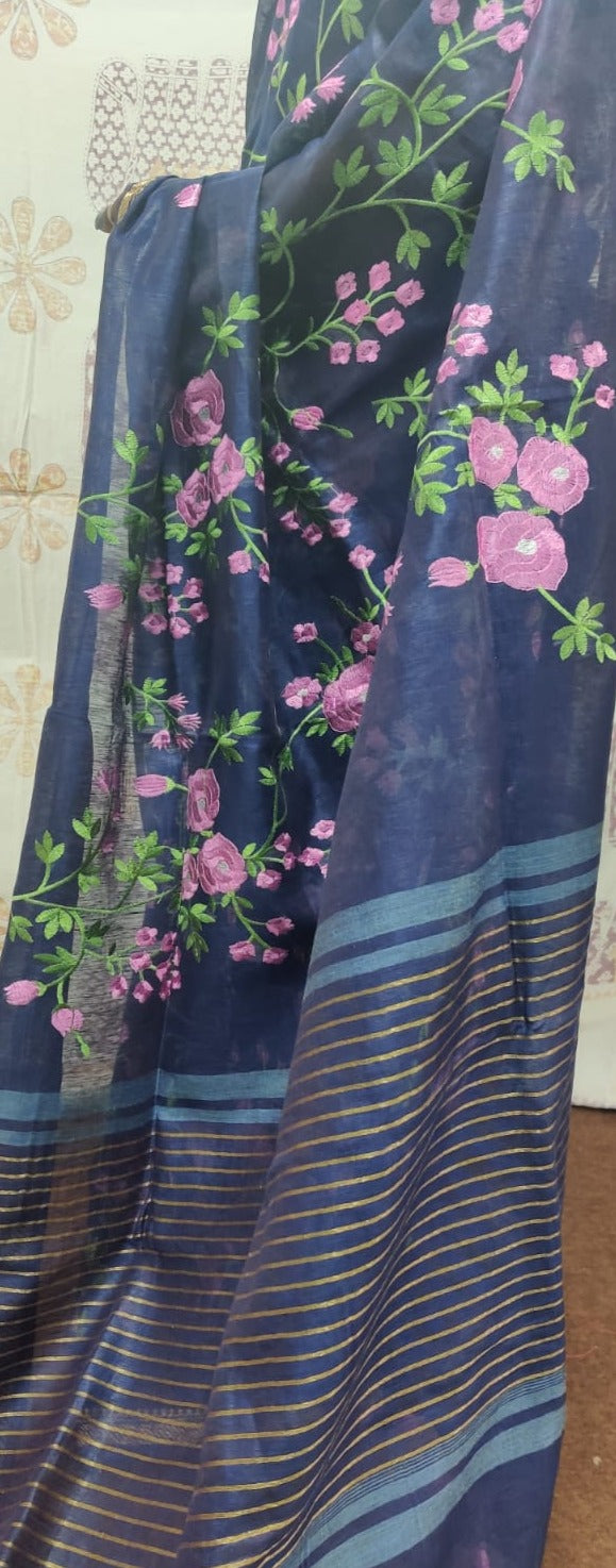 Pure Handwoven Silk By Linen Saree With Embroidery Work.