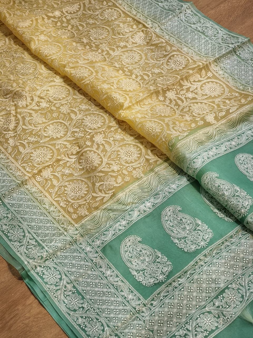 Pure Organza Chikankari Handwork Saree With Plain Blouse.