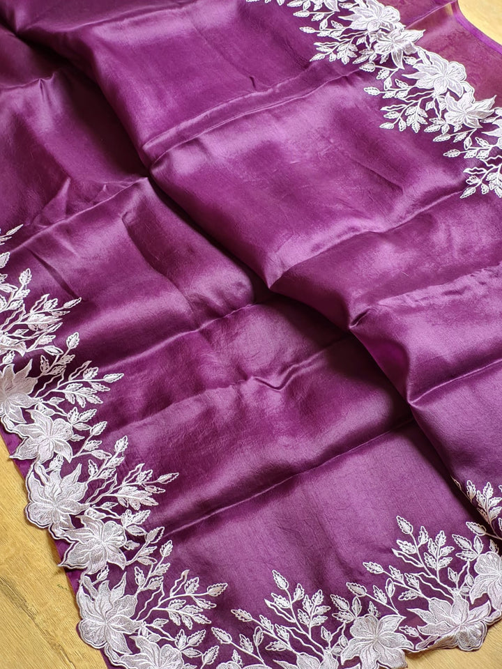 Pure Organza Silk Embroidery Alfi Cutwork Border Saree .