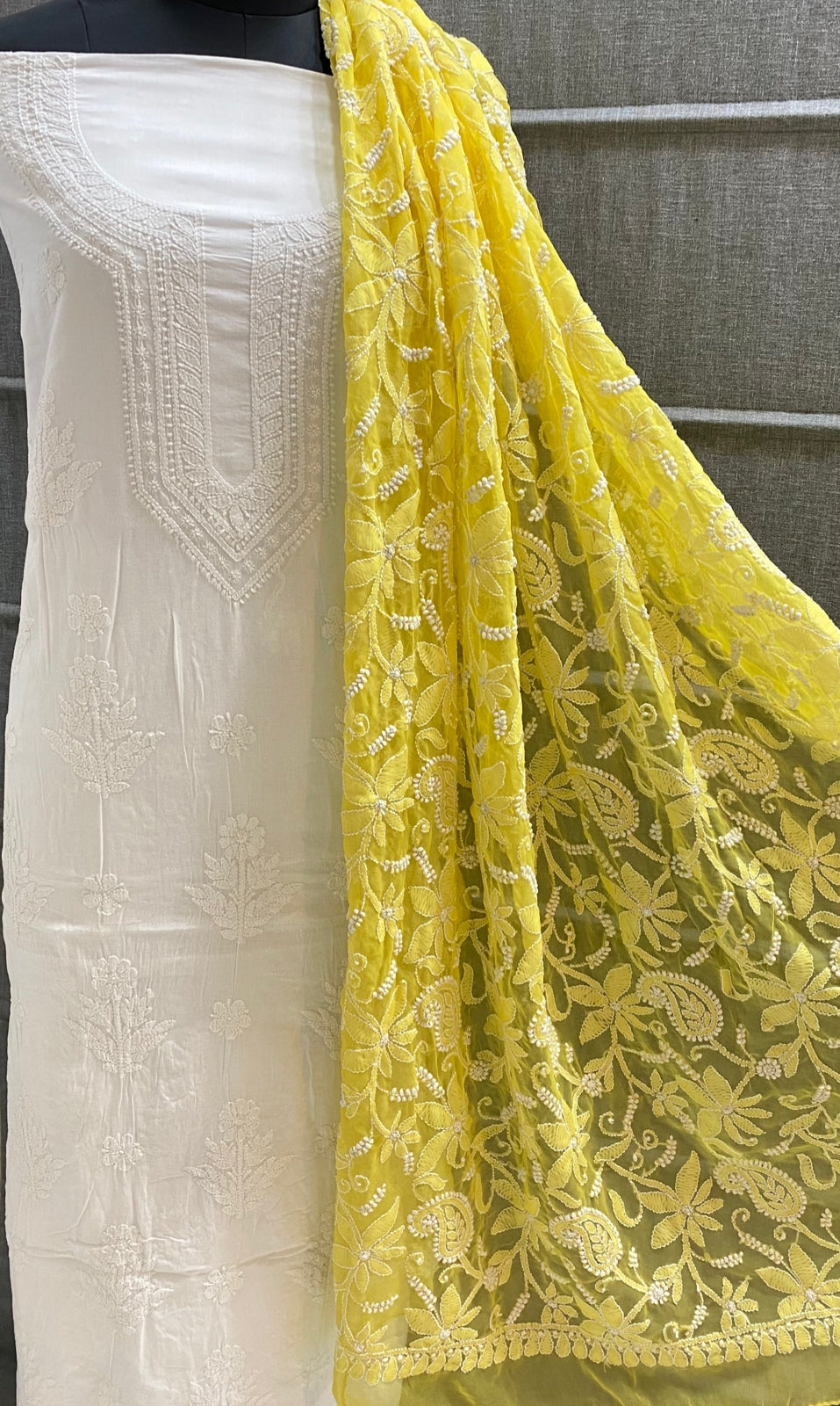Chanderi Embroidered Suit: Off-White Suit With Mulmul Cotton Dupatta |  Kalasheel