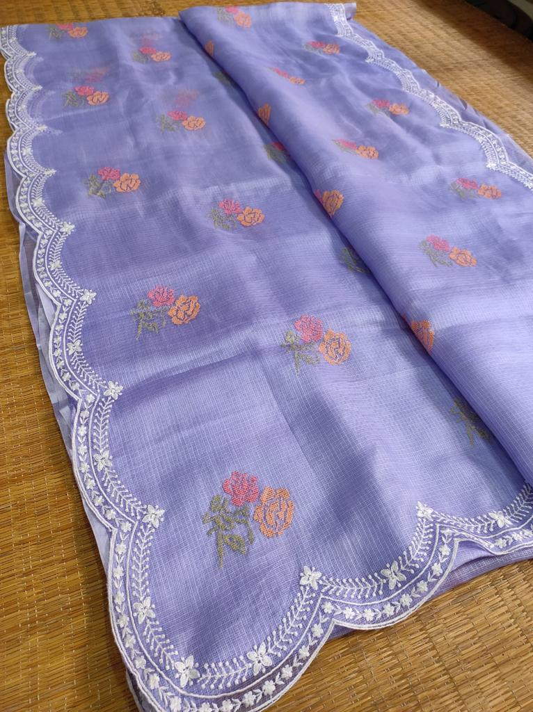 Pure Banarsi Tussar Silk Kota Embroidery Cutwork With Buta Work Saree .