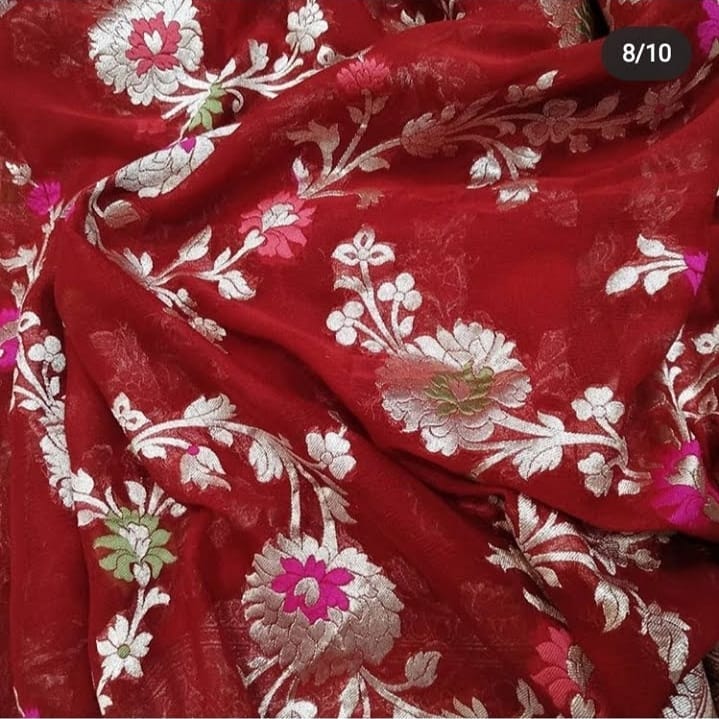 Pure Banarasi Handloom Khaddi Georgette Silk Saree With Beautiful Zari Work