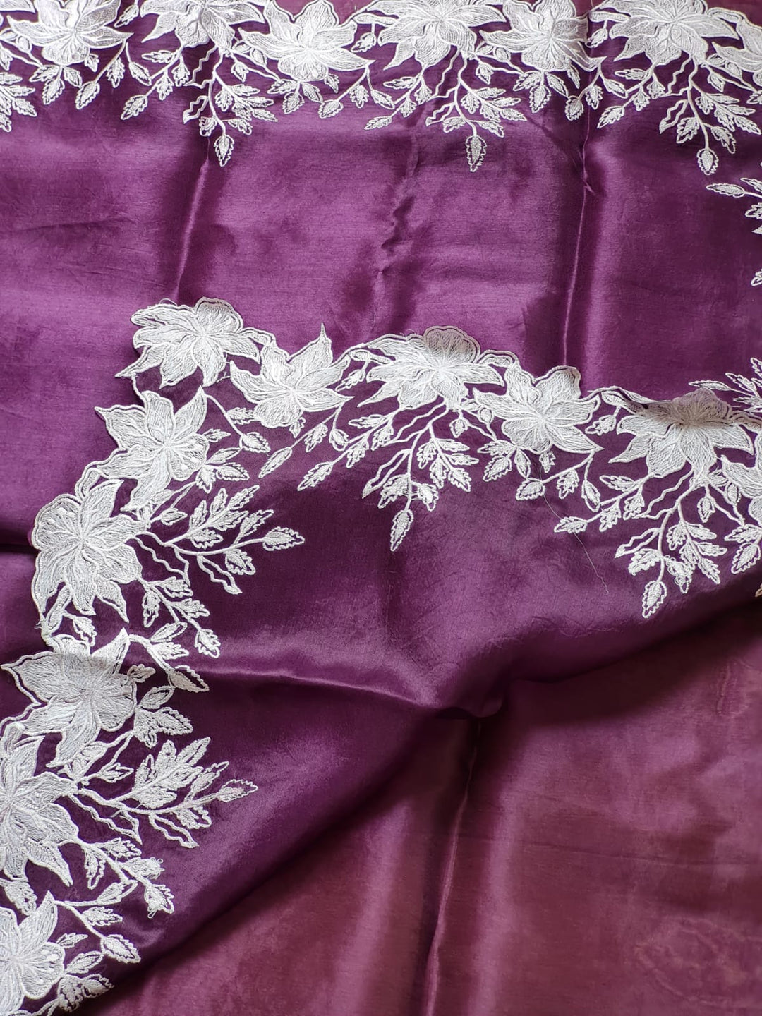 Pure Organza Silk Embroidery Alfi Cutwork Border Saree .