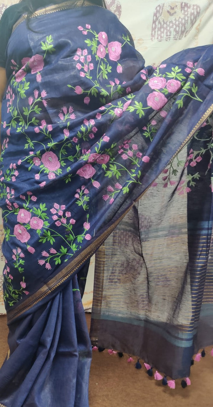 Pure Handwoven Silk By Linen Saree With Embroidery Work.