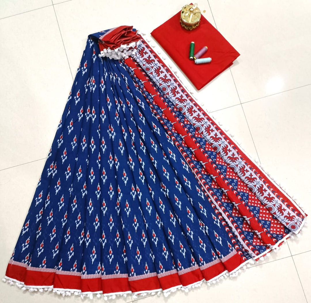 Pure Hand Block Cotton Sarees With Blouse