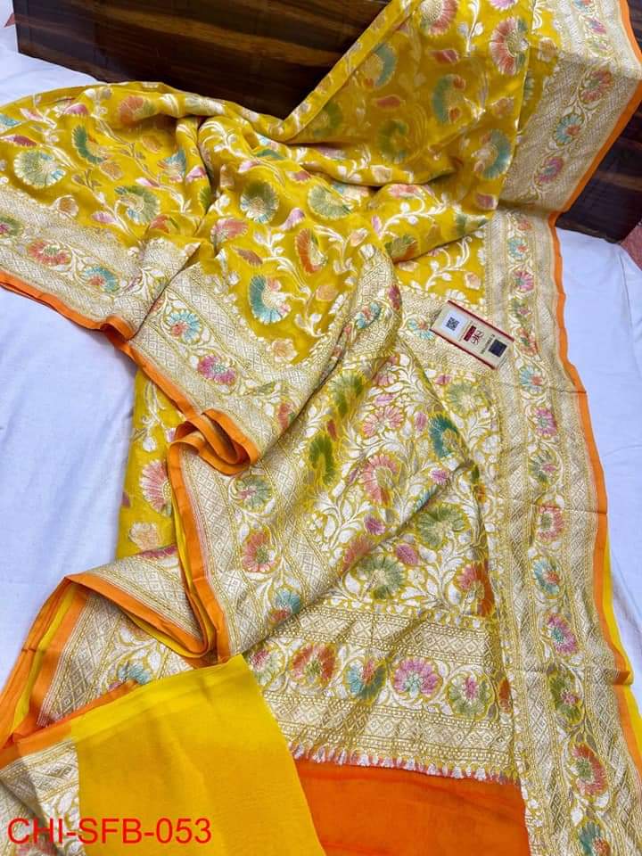 Pure Banarasi Handloom Khaddi Georgette Silk Saree With Water Zari Work ( length- 6.3 meter )